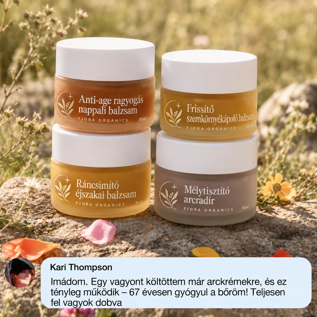 FJORA Organics Teljes bőrápoló rendszer érett bőrre – négy balzsamos tégely a szabadban, vásárlói értékeléssel