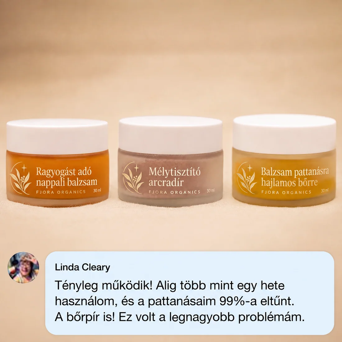 FJORA Organics Teljes rendszer pattanásra hajlamos bőrre üvegtégelyben, fedéllel – elölnézet